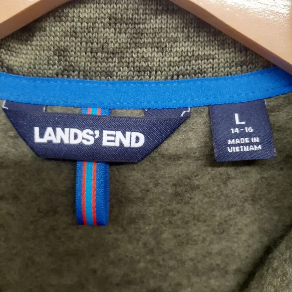 Lands End Youth L 14-16 Zip Front Fleece Vest Green Blue Trim Side Pockets